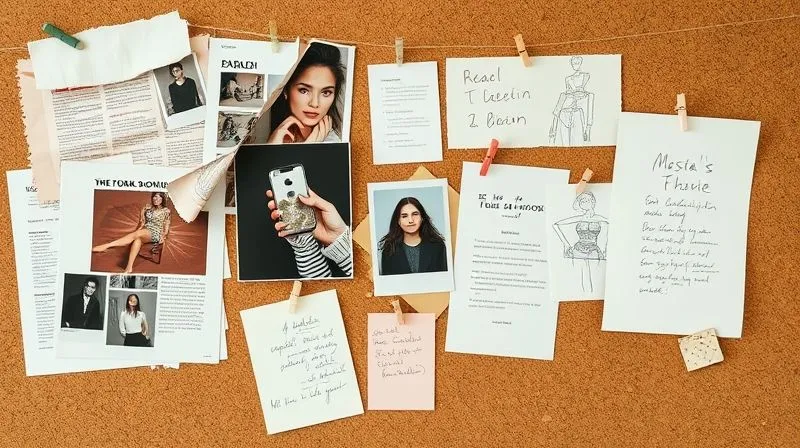 A highly detailed, photorealistic mood board for a fashion editorial, featuring torn magazine pages, fabric swatches, polaroids, hand-written notes, and abstract sketches, pinned to a textured cork board, with soft, directional studio lighting. 8K, sharp focus, professional photography.
