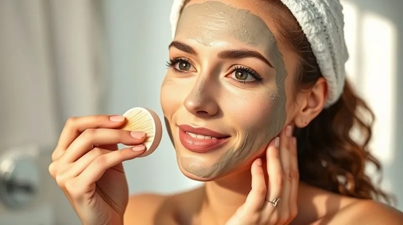 A serene and confident woman with clear, naturally glowing skin, performing a gentle self-care ritual like applying a natural clay face mask with a soft brush, in a bright and calm bathroom setting. Emphasizes well-being and a healthy routine. Photorealistic, professional photography, 8K, cinematic lighting, sharp focus, depth of field, shot on a high-end DSLR.
