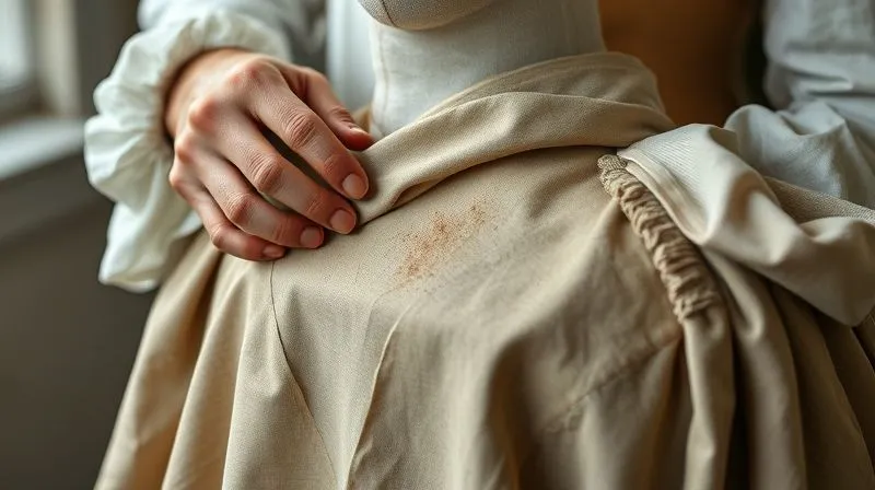 photorealistic, professional photography, 8K, cinematic lighting, sharp focus on a costume designer's hands meticulously distressing a historical costume fabric with various tools like sandpaper, brushes, and diluted dyes, the fabric draped over a mannequin, depth of field, shot on a high-end DSLR, conveying artistic aging.