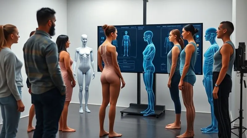 A professional studio setting with a diverse group of people of various body types being precisely measured by advanced 3D body scanning equipment, showing digital outlines and data points on a screen in the background. Photorealistic, professional photography, 8K, cinematic lighting, sharp focus, depth of field, shot on a high-end DSLR.