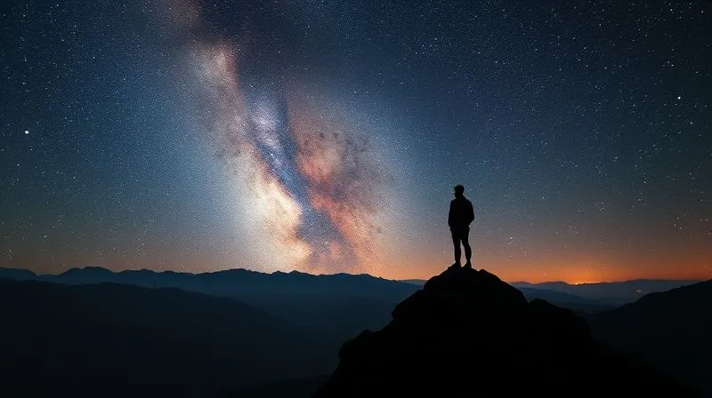A photorealistic image of a lone figure standing on a mountain peak, silhouetted against a vast, starry sky, symbolizing individuality and aspiration. The scene is dramatic and emotionally resonant. Professional photography, 8K, cinematic lighting, sharp focus, depth of field, shot on a high-end DSLR.