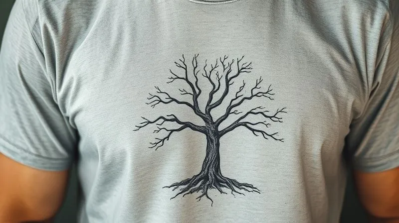 A photorealistic close-up of a vintage graphic tee with a subtly distressed print, showing a hand-drawn illustration of a lone, gnarled tree, symbolizing resilience and unique beauty. The texture of the fabric and print is highly detailed. Professional photography, 8K, cinematic lighting, sharp focus, depth of field, shot on a high-end DSLR.