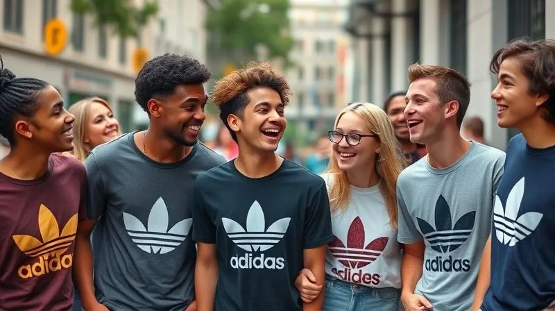 A photorealistic image of a diverse group of young people, all wearing different graphic tees from the same brand, laughing and interacting in an urban setting. They represent a strong sense of community and shared identity. Professional photography, 8K, cinematic lighting, sharp focus, depth of field, shot on a high-end DSLR.