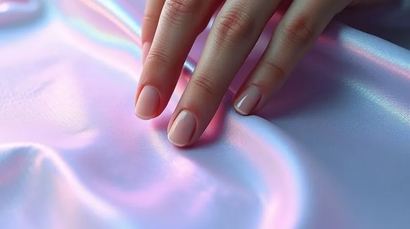 A close-up photorealistic image of hands touching a futuristic, iridescent fabric with a subtle, organic texture, displaying a blend of natural and synthetic fibers, under soft, diffused cinematic lighting, sharp focus on the fabric's surface, depth of field.