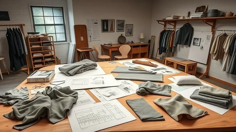 A photorealistic, professional photography, 8K image of a meticulously organized design studio, with various fabric swatches, sketches, and prototypes laid out on a large table, suggesting a continuous, iterative design process, cinematic lighting highlighting the textures and details, sharp focus.