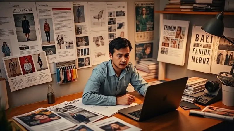 A photorealistic image of a person at a desk surrounded by mood boards, fashion magazines, and a laptop displaying trend reports, with a focused expression, cinematic lighting highlighting the research materials, sharp focus, depth of field blurring the background, 8K, professional photography, shot on a high-end DSLR, conveying deep market analysis. A photorealistic image of a person at a desk surrounded by mood boards, fashion magazines, and a laptop displaying trend reports, with a focused expression, cinematic lighting highlighting the research materials, sharp focus, depth of field blurring the background, 8K, professional photography, shot on a high-end DSLR, conveying deep market analysis.