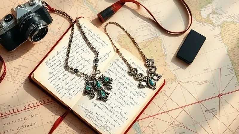 A photorealistic flat lay of a beautifully styled statement necklace next to a small, open journal with handwritten notes and sketches, a vintage camera, and a map, all bathed in soft, natural light, conveying a sense of adventure and storytelling. Professional photography, 8K, sharp focus on the necklace and journal, depth of field blurring the background, shot on a high-end DSLR. A photorealistic flat lay of a beautifully styled statement necklace next to a small, open journal with handwritten notes and sketches, a vintage camera, and a map, all bathed in soft, natural light, conveying a sense of adventure and storytelling. Professional photography, 8K, sharp focus on the necklace and journal, depth of field blurring the background, shot on a high-end DSLR.