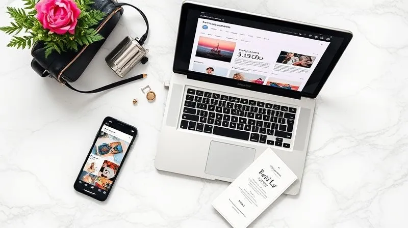 A photorealistic vibrant flat lay of diverse marketing tools for a fashion brand: a smartphone displaying an Instagram feed with stylish accessory shots, an open laptop showing email marketing analytics, a neatly arranged press kit, and a small, elegant invitation to a pop-up event, all on a chic marble background. Professional photography, 8K, sharp focus, depth of field, shot on a high-end DSLR, conveying dynamic marketing strategy. A photorealistic vibrant flat lay of diverse marketing tools for a fashion brand: a smartphone displaying an Instagram feed with stylish accessory shots, an open laptop showing email marketing analytics, a neatly arranged press kit, and a small, elegant invitation to a pop-up event, all on a chic marble background. Professional photography, 8K, sharp focus, depth of field, shot on a high-end DSLR, conveying dynamic marketing strategy.
