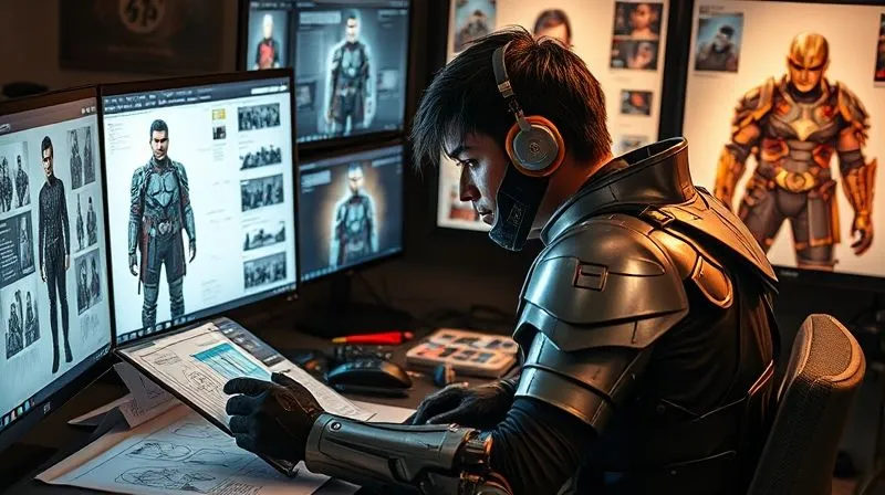 A cosplayer meticulously studying detailed reference images of a complex armored character on multiple screens, surrounded by sketches and material samples. Photorealistic, professional photography, 8K, cinematic lighting, sharp focus, depth of field, shot on a high-end DSLR.