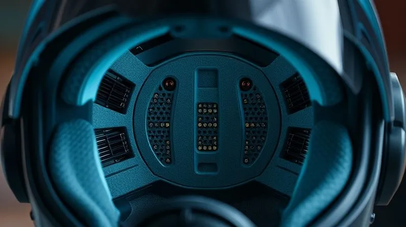 A close-up, internal view of a cosplay helmet, revealing discreetly integrated mini-fans, ventilation channels, and soft, breathable padding. The lighting highlights the clever engineering. Photorealistic, professional photography, 8K, cinematic lighting, sharp focus, depth of field, shot on a high-end DSLR.