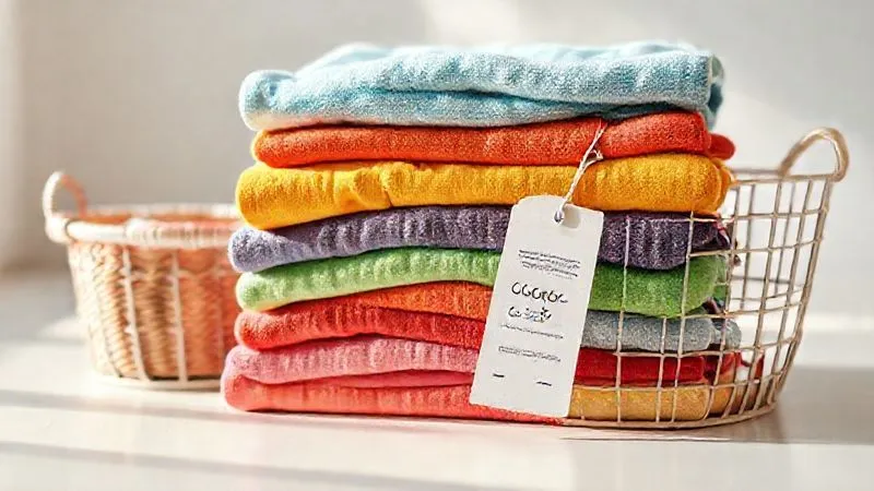A photorealistic flat lay image showing a neatly folded stack of colorful, well-maintained children's clothes next to a small, aesthetically pleasing laundry basket with a 'care instructions' tag prominently displayed. Soft, natural light illuminates the scene. Professional photography, 8K, cinematic lighting, sharp focus on the clothes and tag, depth of field blurring a clean, minimalist background.