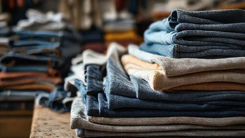 A close-up, photorealistic image of a collection of diverse repurposed fabrics – denim, canvas, sturdy cotton – neatly folded and organized in a costume workshop, bathed in soft, natural light, 8K, cinematic lighting, sharp focus, depth of field, shot on a high-end DSLR.