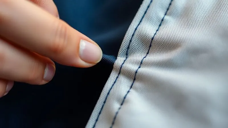 A photorealistic close-up of a garment seam, showing a distinct, easily identifiable stitching pattern designed for quick unpicking, with a human hand gently demonstrating the separation of two fabric panels. Cinematic lighting, sharp focus on the seam, depth of field blurring the background, 8K hyper-detailed.
