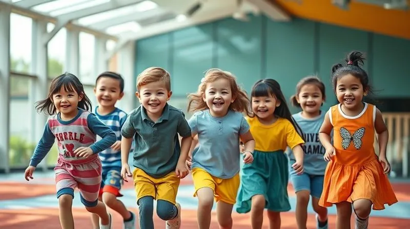 A photorealistic, professional photography, 8K, cinematic lighting, sharp focus, depth of field, shot on a high-end DSLR, depicting a diverse group of happy children, aged 4-8, playing together in a brightly lit, modern playground, all wearing durable yet stylish and colorful clothes that allow for free movement. The image should convey joy, freedom, and the appeal of well-designed children's wear.