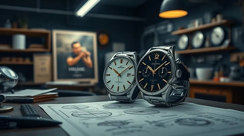 A photorealistic, professional photography, 8K, cinematic lighting, sharp focus, depth of field, shot on a high-end DSLR, showing a vintage watch advertisement from the 1950s subtly overlapping with a modern, elegant luxury watch design sketch, symbolizing heritage and contemporary evolution. The background is a dimly lit, sophisticated workshop.