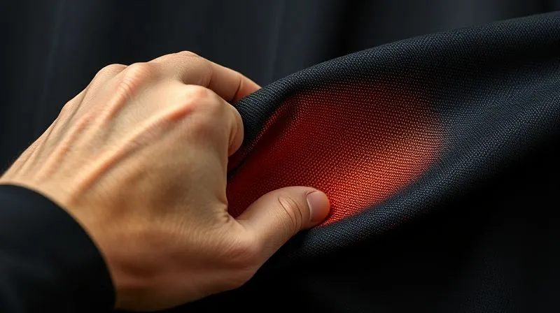 A photorealistic close-up of a human hand stretching a black activewear fabric, with a subtle internal glow indicating breathability in one area and complete opacity in another. The fabric texture is highly detailed, showing interwoven fibers. Professional photography, 8K, cinematic lighting, sharp focus on the fabric, depth of field, shot on a high-end DSLR, conveying material innovation.