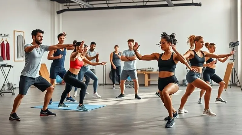 A photorealistic image of a diverse group of athletes (male and female) in an activewear design studio, performing dynamic stretches and squats while designers and engineers observe and take notes, some holding fabric swatches. The setting is modern and well-lit. Professional photography, 8K, cinematic lighting, sharp focus on the interaction, depth of field, shot on a high-end DSLR, emphasizing collaborative product development.