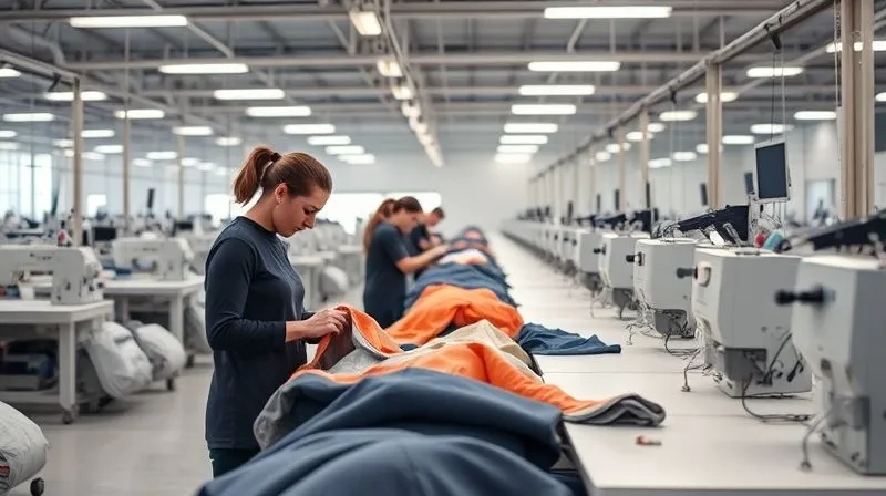 A photorealistic shot inside a modern, clean activewear manufacturing facility. Workers in professional attire are meticulously inspecting fabric rolls and operating advanced sewing machines with precision. Soft, even lighting highlights the focus on quality and detail. Professional photography, 8K, cinematic lighting, sharp focus on the production process, depth of field, shot on a high-end DSLR, conveying industrial excellence and craftsmanship.