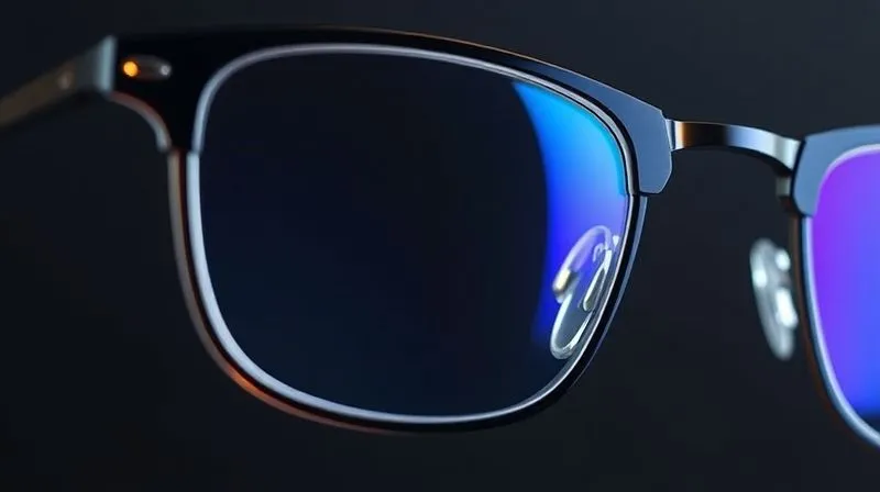 A photorealistic cutaway view of an eyeglasses frame, showcasing the precise integration of a multi-layered lens into the frame's rim. Different layers of the lens (UV filter, blue light filter, anti-reflective coating) are subtly visible with a soft internal glow. The frame material is visible in cross-section, demonstrating structural integrity. Cinematic lighting, sharp focus on the lens-frame interface, depth of field blurring the background, 8K hyper-detailed, professional photography, shot on a high-end DSLR.