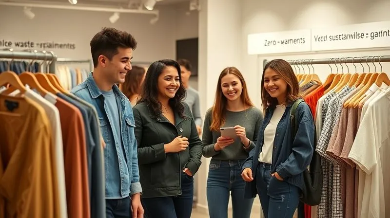 A photorealistic, professional photography, 8K, cinematic lighting, sharp focus, depth of field, shot on a high-end DSLR, of a diverse group of young, conscious consumers smiling and interacting in a bright, modern retail space. They are examining zero-waste garments displayed on minimalist racks, with clear, engaging signage explaining the sustainable design process. The atmosphere is positive and educational, reflecting a community of shared values.