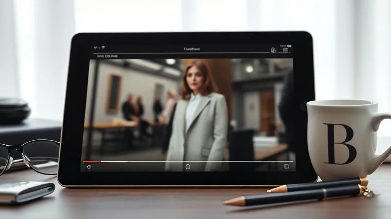 A photorealistic image of a sleek tablet displaying an interactive fashion lookbook with a subtle video playing in the background, surrounded by stylish accessories and a branded coffee cup, soft studio lighting, sharp focus on the tablet screen, depth of field, 8K hyper-detailed.