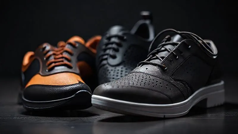 A photorealistic, professional photography, 8K, cinematic lighting, sharp focus, depth of field shot of three different stylish orthotic-friendly shoes arranged artfully. One shoe uses clever color blocking (darker sole, lighter upper), another features intricate laser-cut perforations and subtle stitching patterns, and the third showcases an innovative, minimalist lacing system. The designs visually de-emphasize bulk while highlighting contemporary aesthetics.