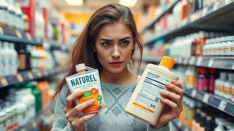 Photorealistic image of a confused consumer in a beauty aisle, holding two similar-looking products, one with a prominent 'natural' label that appears vague, the other with a clear, concise ingredient list. The consumer's face shows frustration and skepticism, surrounded by an overwhelming array of beauty products. Cinematic lighting, sharp focus on the consumer's face, depth of field blurring the background, 8K hyper-detailed, professional photography, shot on a high-end DSLR.