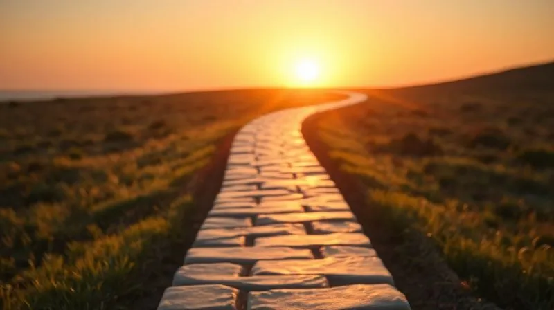A photorealistic image of a long, winding path made of smooth, polished stones, leading towards a bright, clear horizon where the sun is rising. The path is well-defined and illuminated, contrasting with blurred, shadowy, overgrown paths branching off to the sides. The overall mood is one of perseverance, clarity, and hopeful progress. Cinematic lighting, sharp focus on the main path, depth of field blurring the background, 8K hyper-detailed, professional photography, shot on a high-end DSLR.