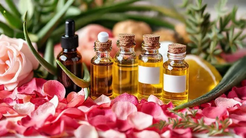 A photorealistic close-up of a diverse array of natural ingredients like rose petals, aloe vera leaves, and essential oil bottles arranged harmoniously, symbolizing the essence of clean beauty. Professional photography, 8K, cinematic lighting, sharp focus, depth of field, shot on a high-end DSLR.