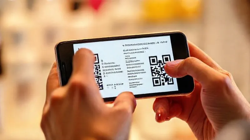 A photorealistic image of a hand holding a smartphone, scanning a QR code on a beauty product label, with digital information about ingredients and certifications appearing on the screen. Professional photography, 8K, cinematic lighting, sharp focus, depth of field, shot on a high-end DSLR.