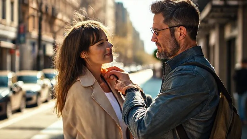 A photorealistic, professional photography shot of a photographer subtly adjusting a non-model's collar on a sun-drenched street, with the subject looking relaxed and naturally engaged. The focus is sharp on the interaction, with the urban background softly blurred. Cinematic lighting, 8K hyper-detailed.