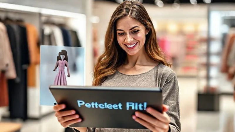 A photorealistic image of a woman smiling confidently while looking at a tablet screen. On the screen, her 3D body scan avatar is displayed wearing a dress, with a clear, positive message indicating 'Perfect Fit!'. The background is a clean, modern retail space. Professional photography, 8K, cinematic lighting, sharp focus on the woman and tablet, depth of field blurring the background, shot on a high-end DSLR.