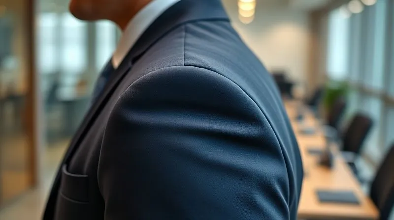 Photorealistic, professional photography, 8K, cinematic lighting, sharp focus, depth of field, shot on a high-end DSLR. A close-up of a man's perfectly tailored dark navy suit jacket shoulder and sleeve, showing the crisp seam and the ideal amount of white shirt cuff peeking out. The fabric texture is visible, conveying luxury and attention to detail. The background is a subtly blurred modern office setting.