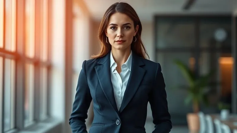 A photorealistic image of a confident woman in a perfectly tailored navy blazer and white blouse, standing in a modern office, exuding professionalism and quiet authority. Cinematic lighting, sharp focus on her determined expression, depth of field blurring the background, 8K hyper-detailed, shot on a high-end DSLR.
