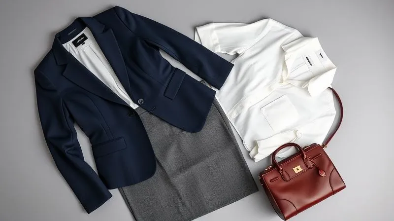 A photorealistic flat lay of professional women's clothing in a power color palette: a navy tailored blazer, a charcoal grey pencil skirt, a crisp white silk blouse, and a burgundy leather handbag. Cinematic lighting, sharp focus on textures, 8K hyper-detailed, shot on a high-end DSLR.