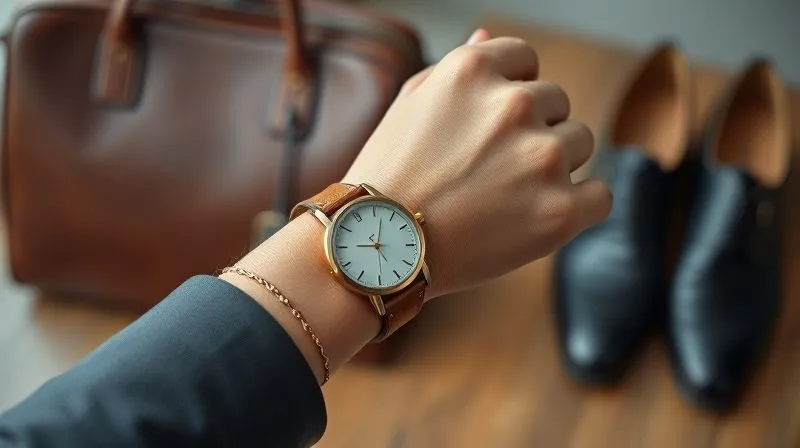 A photorealistic close-up of a woman's wrist wearing a classic, elegant watch with a leather strap, alongside a delicate gold bracelet. In the background, a structured leather handbag and polished professional shoes are subtly blurred. Cinematic lighting, sharp focus, 8K hyper-detailed, shot on a high-end DSLR.