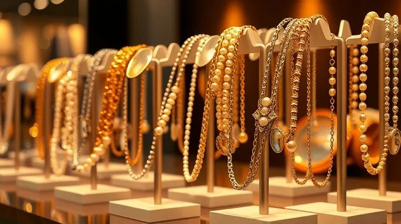 A photorealistic image of an exquisitely arranged display of diverse luxury eyewear chains on minimalist stands, showcasing various materials like gold, pearls, and semi-precious stones, bathed in warm, cinematic spotlighting, sharp focus on the details of the chains, depth of field blurring the background, 8K hyper-detailed.
