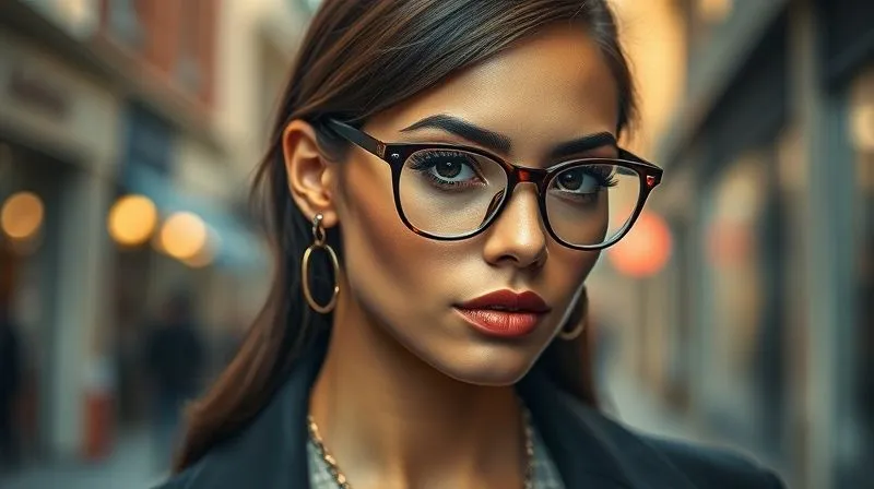 A photorealistic image of a stylish model with a subtle, confident expression, wearing designer eyeglasses adorned with a delicate luxury eyewear chain, captured in a high-fashion editorial style, cinematic natural light, sharp focus on the model's face and the chain, depth of field blurring a chic urban background, 8K hyper-detailed.