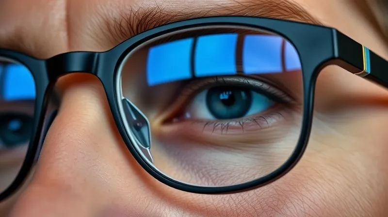 A photorealistic close-up of a pair of eyeglasses, showcasing the subtle yet distinct effects of advanced lens coatings. One lens clearly demonstrates an anti-reflective coating with minimal glare, while the other might show a slight blue light filter tint or a hydrophobic effect. The image should highlight the precision and quality of the lens surface, 8K, cinematic lighting, sharp focus, depth of field.