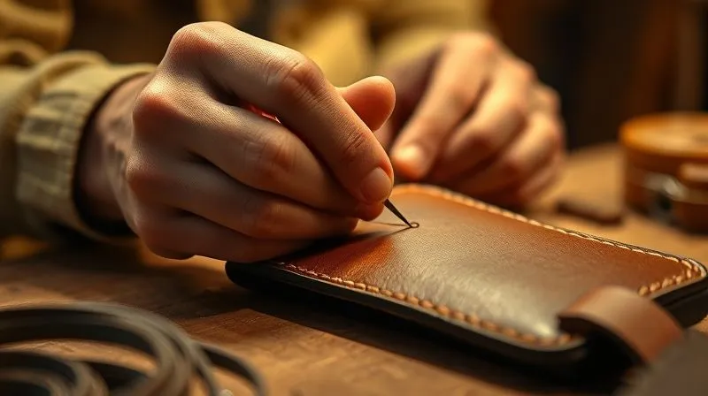 A photorealistic, close-up shot of an artisan's hands meticulously stitching a fine leather accessory, showcasing intricate detail and precision. The lighting is warm and focused on the hands and the material, highlighting the texture of the leather and the thread. The background is softly blurred, hinting at a traditional workshop setting. 8K, professional photography, cinematic lighting, sharp focus, depth of field, shot on a high-end DSLR.