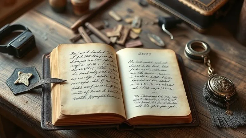 A photorealistic image of an open, antique-style leather-bound journal with elegant handwriting and a sketch of an accessory design, resting on a wooden workbench next to a partially finished luxury accessory. Soft, warm light suggests a creative, historical atmosphere. 8K, professional photography, cinematic lighting, sharp focus, depth of field, shot on a high-end DSLR.