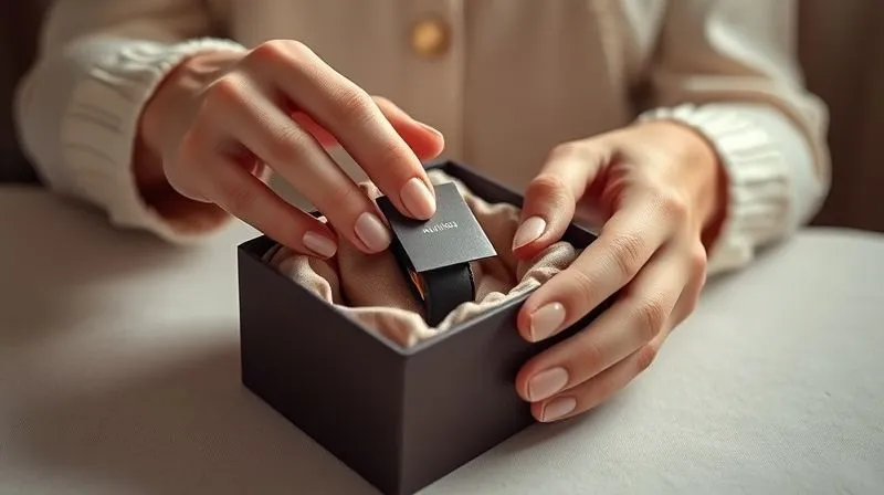 A photorealistic, elegant unboxing experience. A pair of manicured hands carefully opening a luxurious, subtly branded box revealing a beautifully presented accessory nestled in silk or velvet. The background is soft and refined, suggesting a high-end setting. 8K, professional photography, cinematic lighting, sharp focus, depth of field, shot on a high-end DSLR.