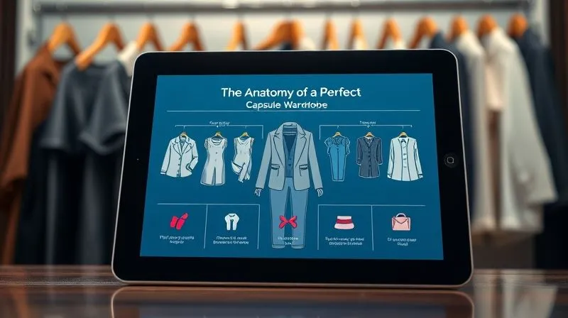 A photorealistic shot of a vibrant, minimalist infographic depicting 'The Anatomy of a Perfect Capsule Wardrobe,' with clean lines, elegant icons for different garment types, and a subtle color palette, presented on a digital tablet with a blurred background of a stylish wardrobe, cinematic lighting, sharp focus, 8K hyper-detailed.