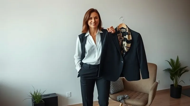 A photorealistic, professional photography, 8K, cinematic lighting, sharp focus, depth of field, shot on a high-end DSLR, of a stylish woman, mid-30s, in a minimalist office setting, demonstrating the 'third piece' rule. She is wearing a simple white blouse and black trousers, holding up a tailored navy blazer, while another outfit with a statement scarf is laid out on a chair nearby. The scene is elegant and instructional.