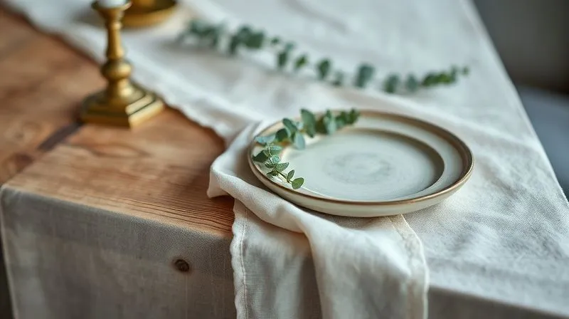 Photorealistic, professional photography, 8K, cinematic lighting, sharp focus, depth of field, shot on a high-end DSLR. A close-up of a luxurious linen tablecloth draped over a reclaimed wooden farm table, adorned with a single sprig of eucalyptus, a brass candlestick, and an artisanal ceramic plate, showcasing refined textures and materials.