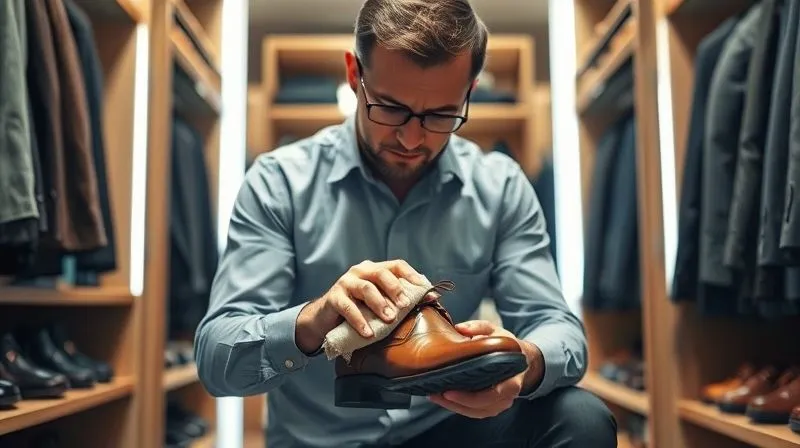A photorealistic image of a professional man meticulously polishing his leather dress shoes with a soft cloth, in a well-organized walk-in closet. The scene emphasizes care and attention to detail, with cinematic lighting highlighting the texture of the leather and the man's focused expression. Shot on a high-end DSLR, 8K hyper-detailed, professional photography, depth of field.