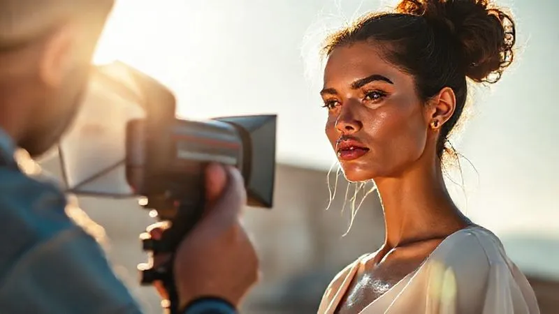 A professional fashion photographer setting up an off-camera flash (OCF) with a softbox modifier on a light stand, positioned to provide fill light for a model standing in bright midday sun, the model's face already showing improved lighting, photorealistic, professional photography, 8K, cinematic lighting, sharp focus on the OCF setup, depth of field, shot on a high-end DSLR.