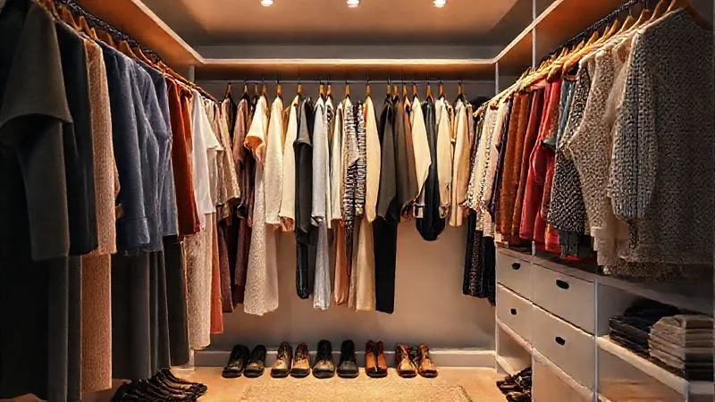 Photorealistic, professional photography, 8K, cinematic lighting, sharp focus, depth of field, shot on a high-end DSLR. An impeccably organized walk-in closet, clothes neatly color-coordinated and hung on high-quality wooden hangers, shoes lined up perfectly, soft, warm light illuminating the space, evoking a sense of calm and order.