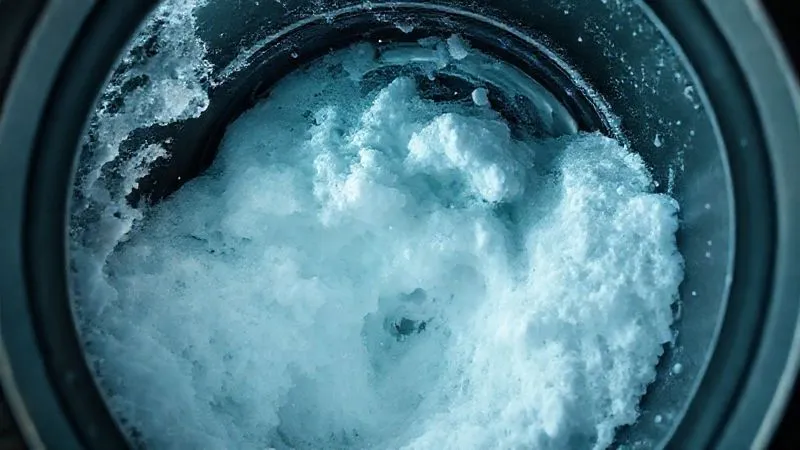 A photorealistic, highly detailed image of an industrial laundry machine drum filled with swirling, sudsy water, seen from a low angle. The interior is brightly lit, showcasing the powerful mechanical action and the harsh environment. Professional photography, 8K, cinematic lighting, sharp focus on the turbulent water, depth of field blurring the machine exterior, shot on a high-end DSLR, conveying the intensity of industrial washing.