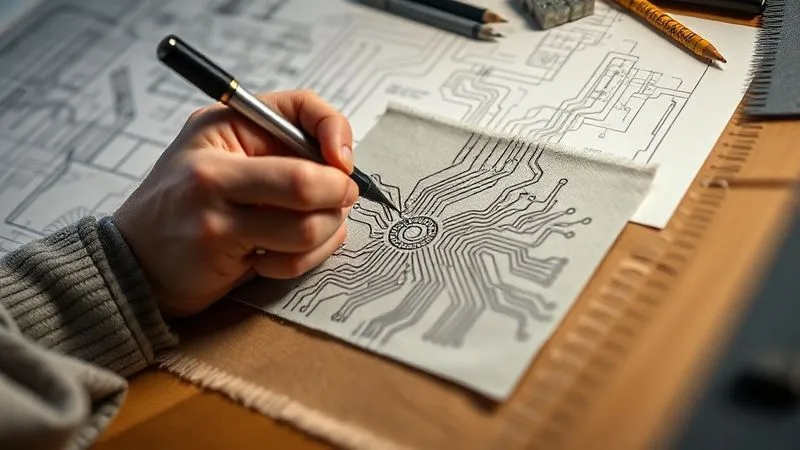 A designer's hand meticulously sketching an integrated circuit pathway directly onto a fabric swatch, using a specialized pen. The design shows subtle curves and strain relief features, indicating thoughtful engineering for durability. The background features technical drawings and textile samples. Professional photography, 8K, cinematic lighting, sharp focus on the hand and fabric, depth of field blurring the background, shot on a high-end DSLR, conveying innovative design processes.